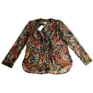 NWT Christopher & Banks Women's Brown/Multicolor Print Sheer Button Up L Large